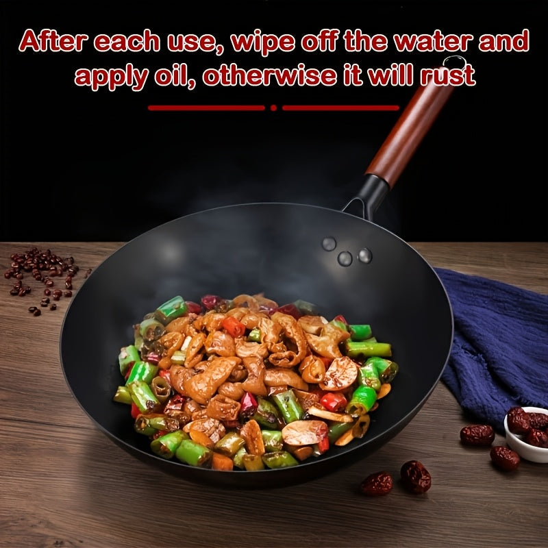 13.39inch Round Bottom Household Non-Coated Pure Iron Earless Wok - Wooden Handle Frying Pan for Stir-Fry, Fried Foods and Cooking - Essential Kitchen Tool