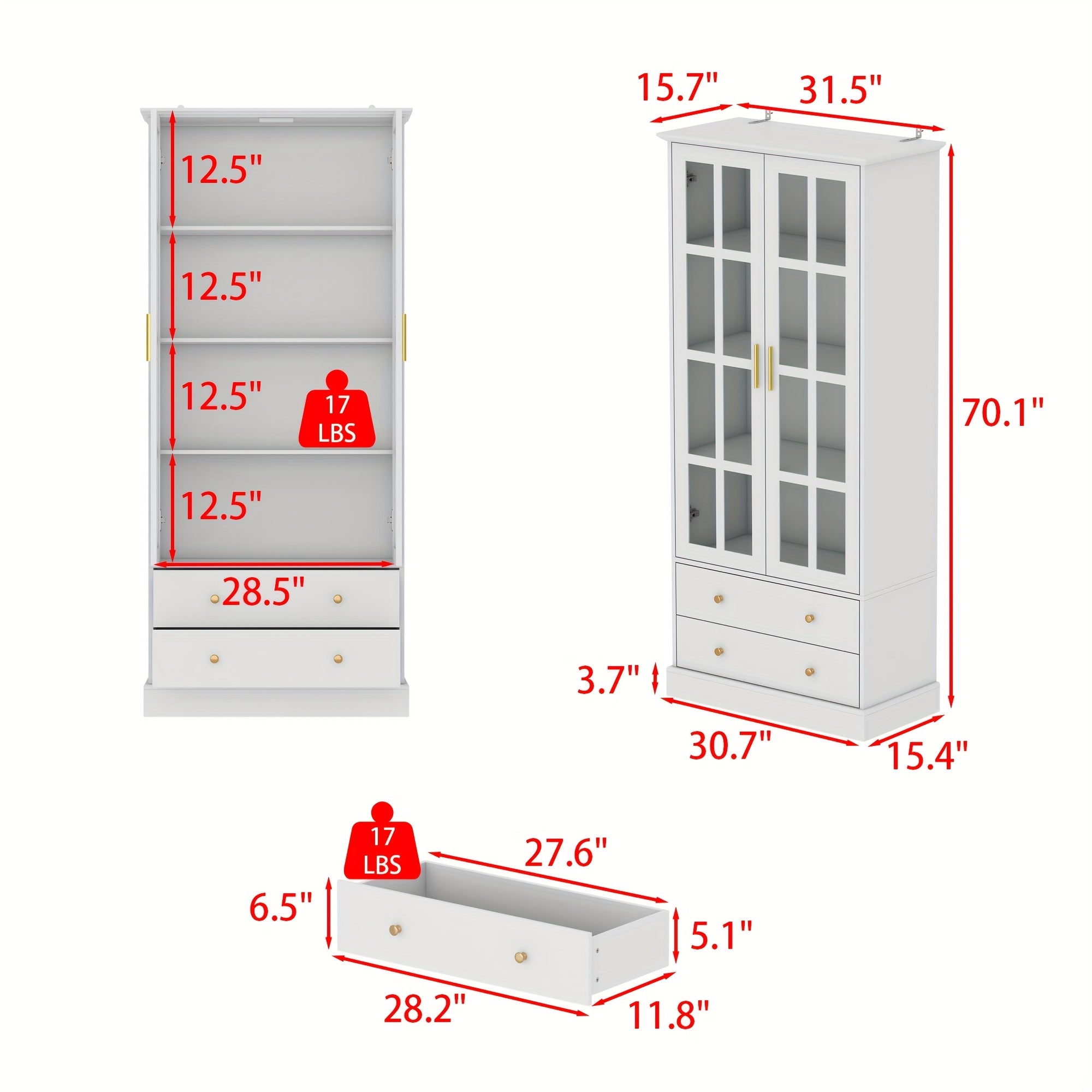 Modern Glass Display Cabinet Modern 4-Tier Glass Display Cabinet with 2 Spacious Drawers & 4 Shelves - Tempered Glass Doors, Household Organizer Artifact for Living Room Home Office, Sideboard Buffet Cabinet, Classic Style