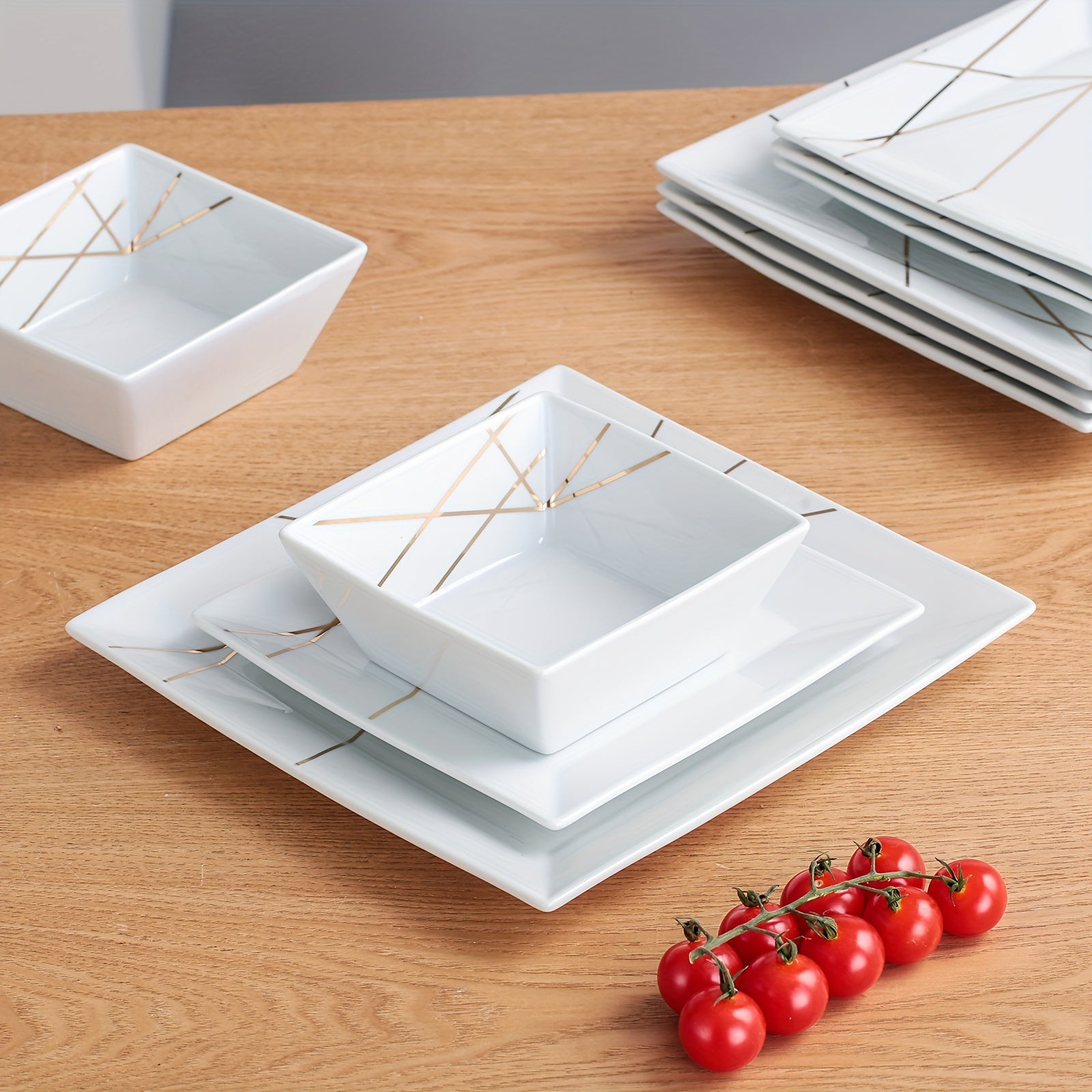 Solid-color Ceramic Tableware Set Of 12pcs, Luxurious Style Golden Line Dinner Plates, 10-inch And 7.6-inch Pasta Plates, Dessert Plates, Salad Plates, Bowls, Soup Bowls, Set Of Tableware, Suitable for Home And Restaurant Use, Christmas Gift