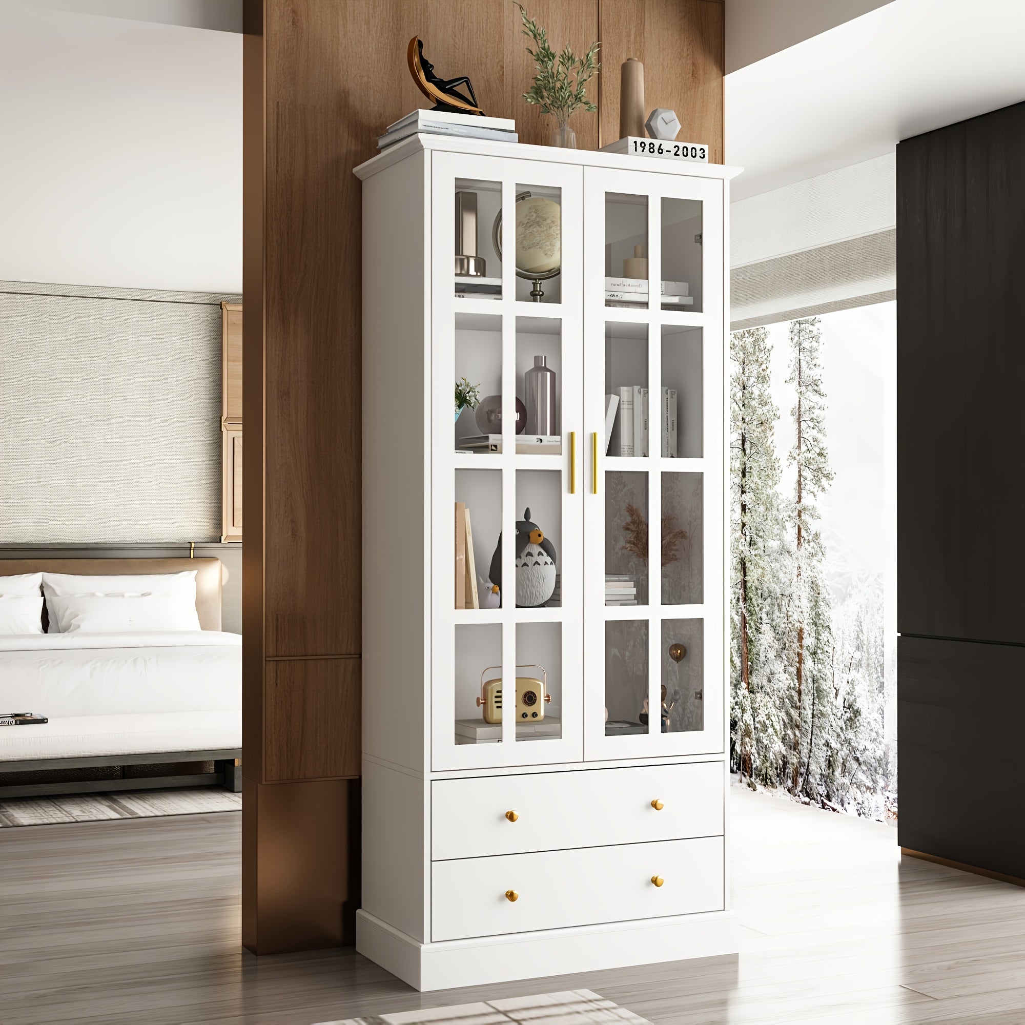 Modern Glass Display Cabinet Modern 4-Tier Glass Display Cabinet with 2 Spacious Drawers & 4 Shelves - Tempered Glass Doors, Household Organizer Artifact for Living Room Home Office, Sideboard Buffet Cabinet, Classic Style