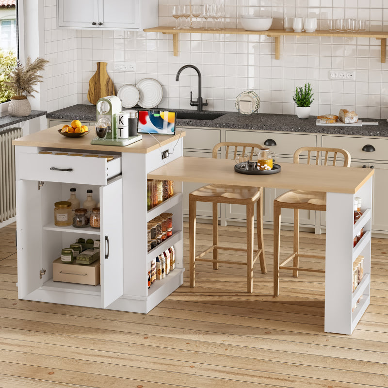White Modern Extendable Island with Double-Door Cabinet, Open Shelving & Drawers - Multi-Functional Breakfast Bar\u002FDining Table\u002FLounge, Expandable MDF & Particle Board Furniture for small Spaces (Assembly Required) 80.7\