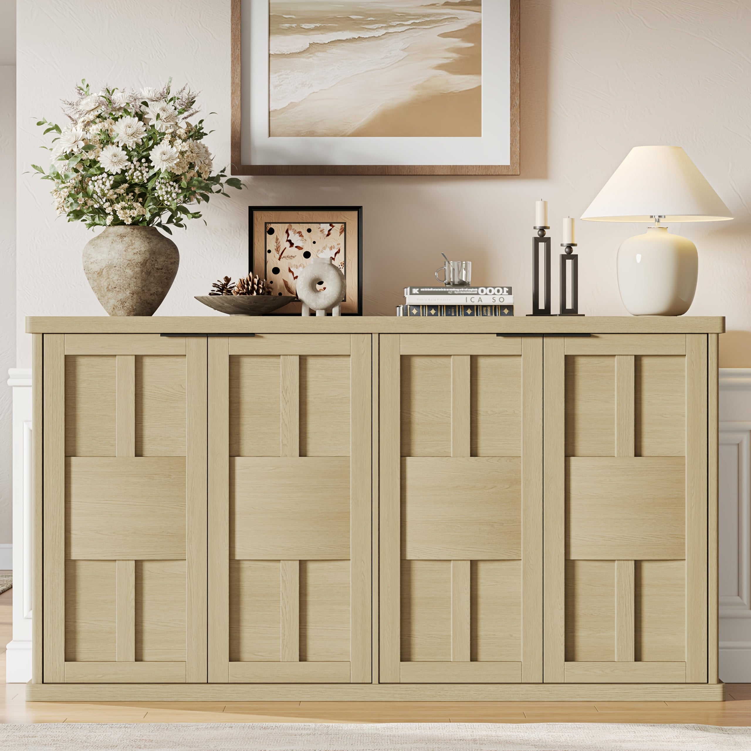 60-Inch Compact Side Cabinet Buffet, Equipped with 4 Intricately Designed Doors And Shelves, a Kitchen Storage Unit in Medieval Style, Offering Ample Storage Space on The Countertop, And Serving As a Coffee Bar Table