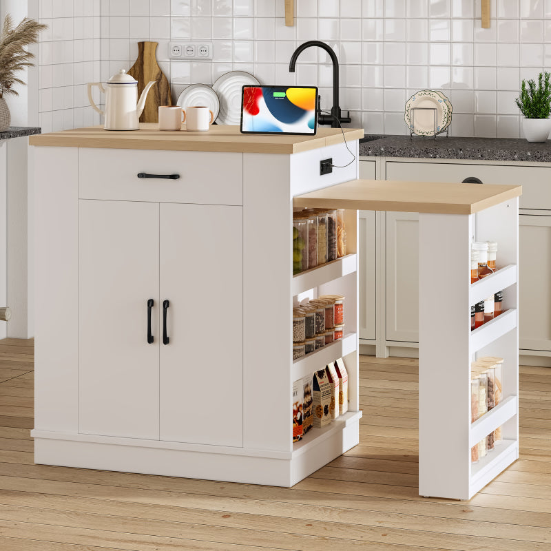 White Modern Extendable Island with Double-Door Cabinet, Open Shelving & Drawers - Multi-Functional Breakfast Bar\u002FDining Table\u002FLounge, Expandable MDF & Particle Board Furniture for small Spaces (Assembly Required) 80.7\